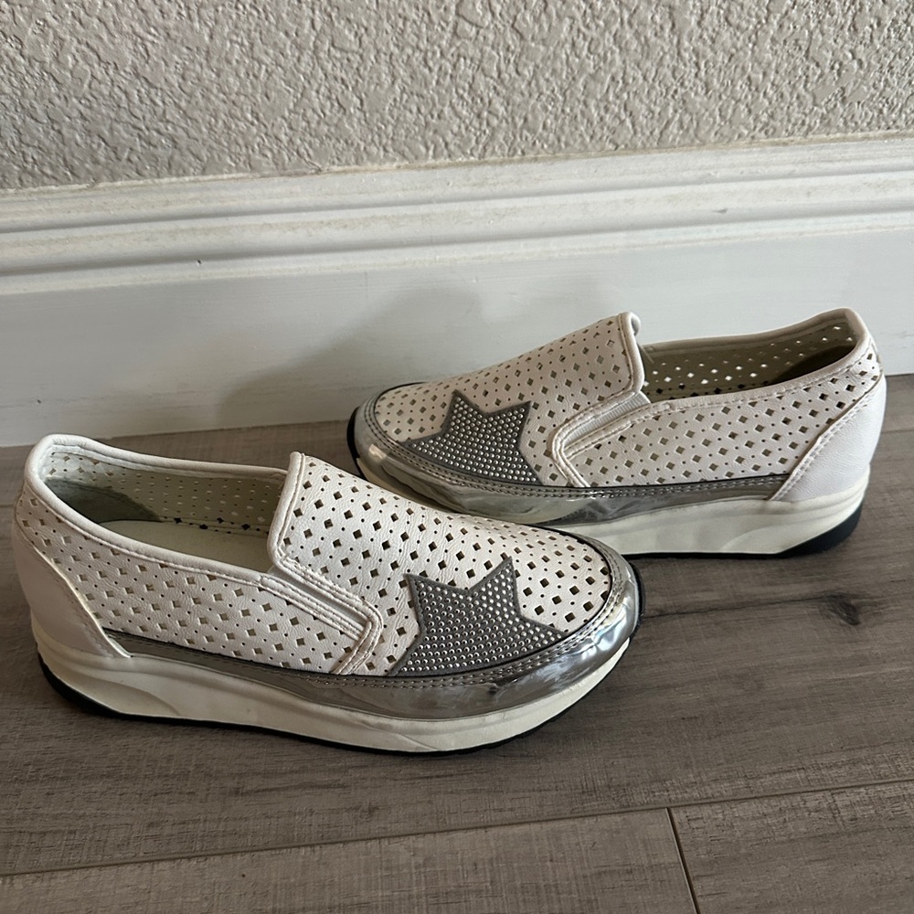 White Slip-On Sneakers with Silver Star Accent